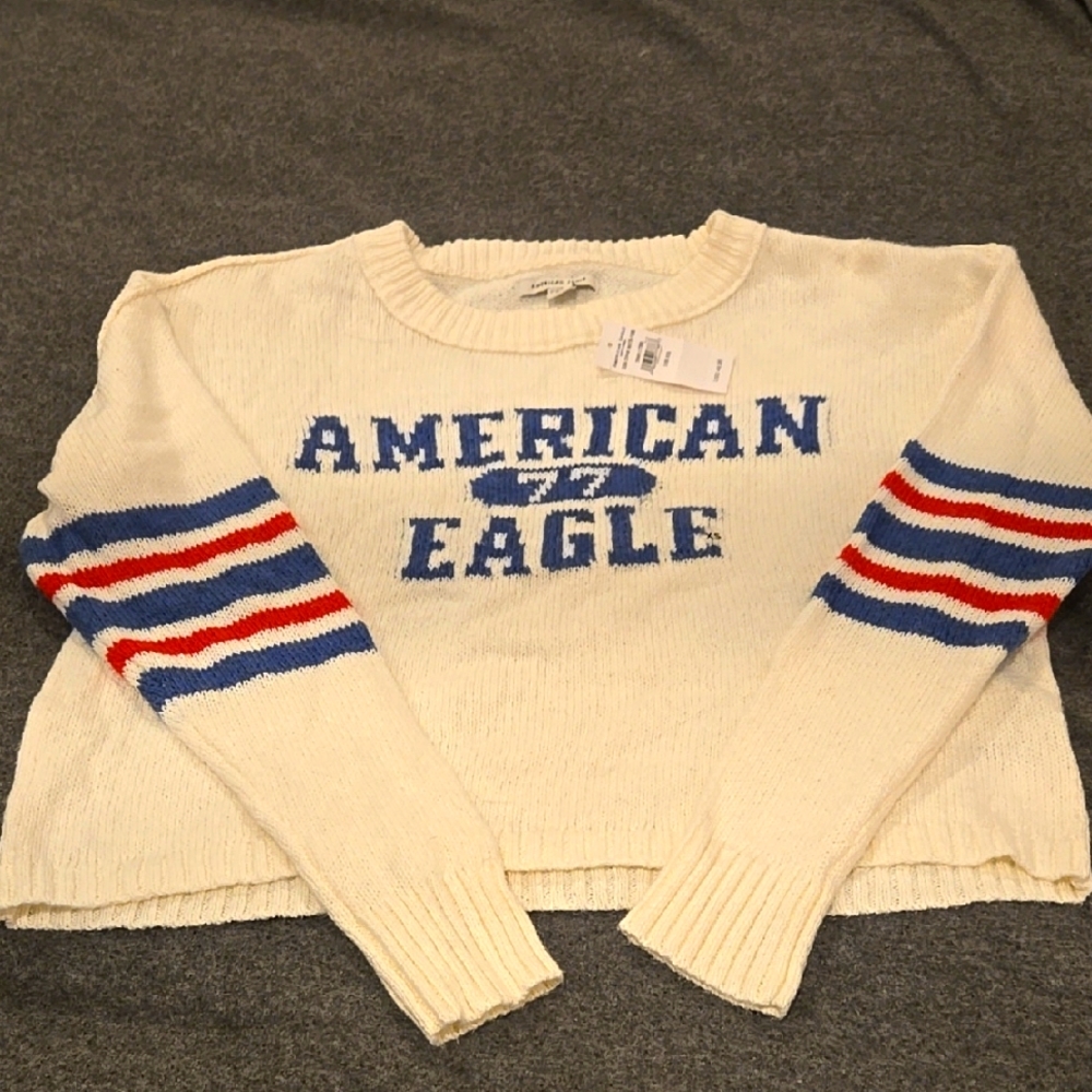 American Eagle Cream Sweater with Blue and Red Stripes